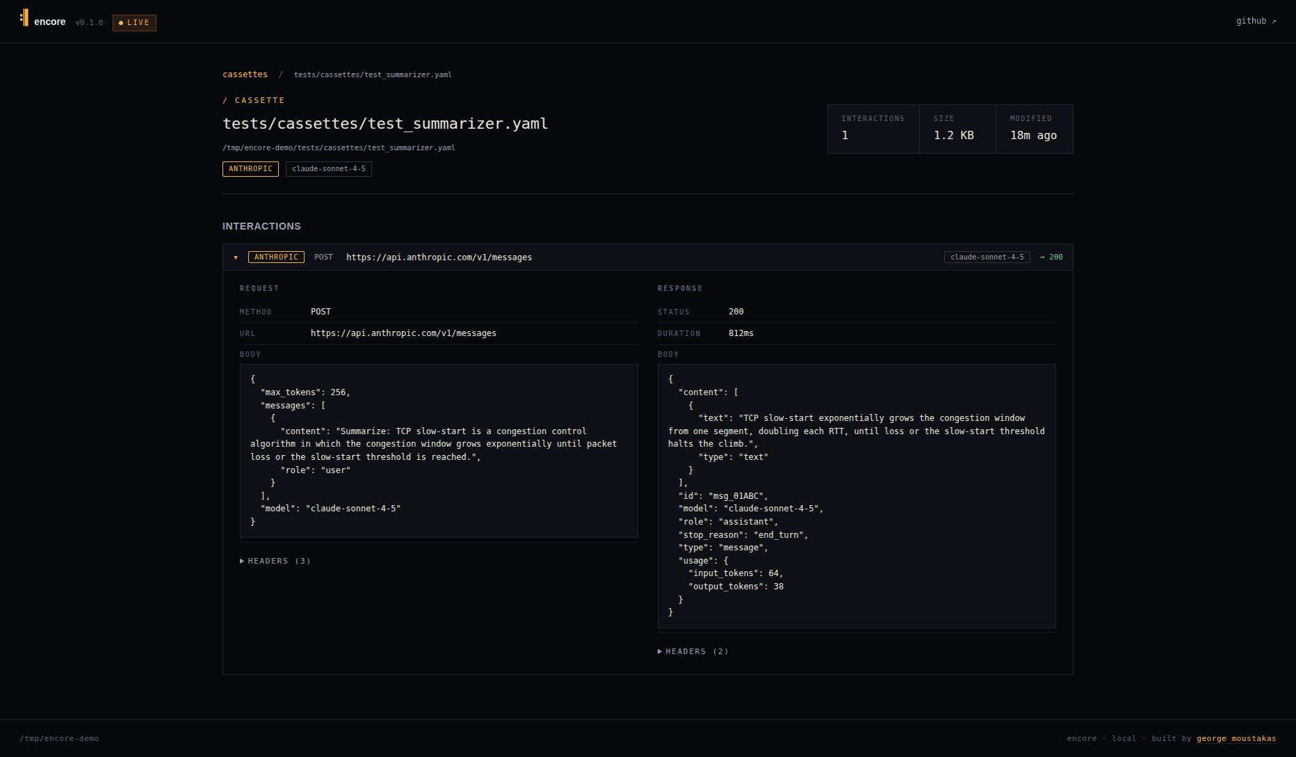 cuesheet web UI - cassette detail showing request and response panes